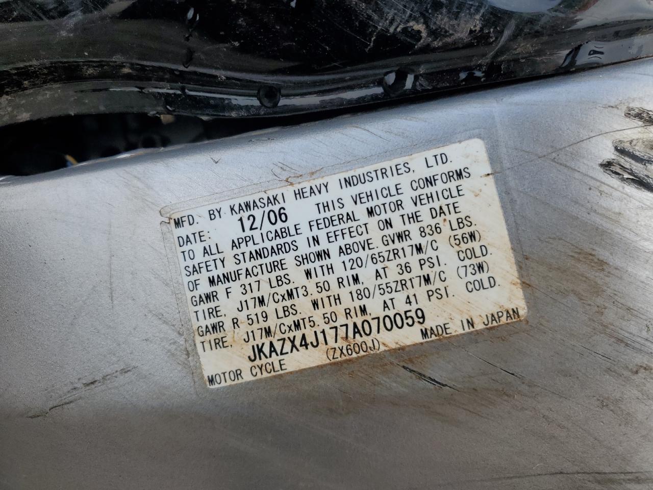 2007 Kawasaki Zx600 J1 VIN: JKAZX4J177A070059 Lot: 55989325