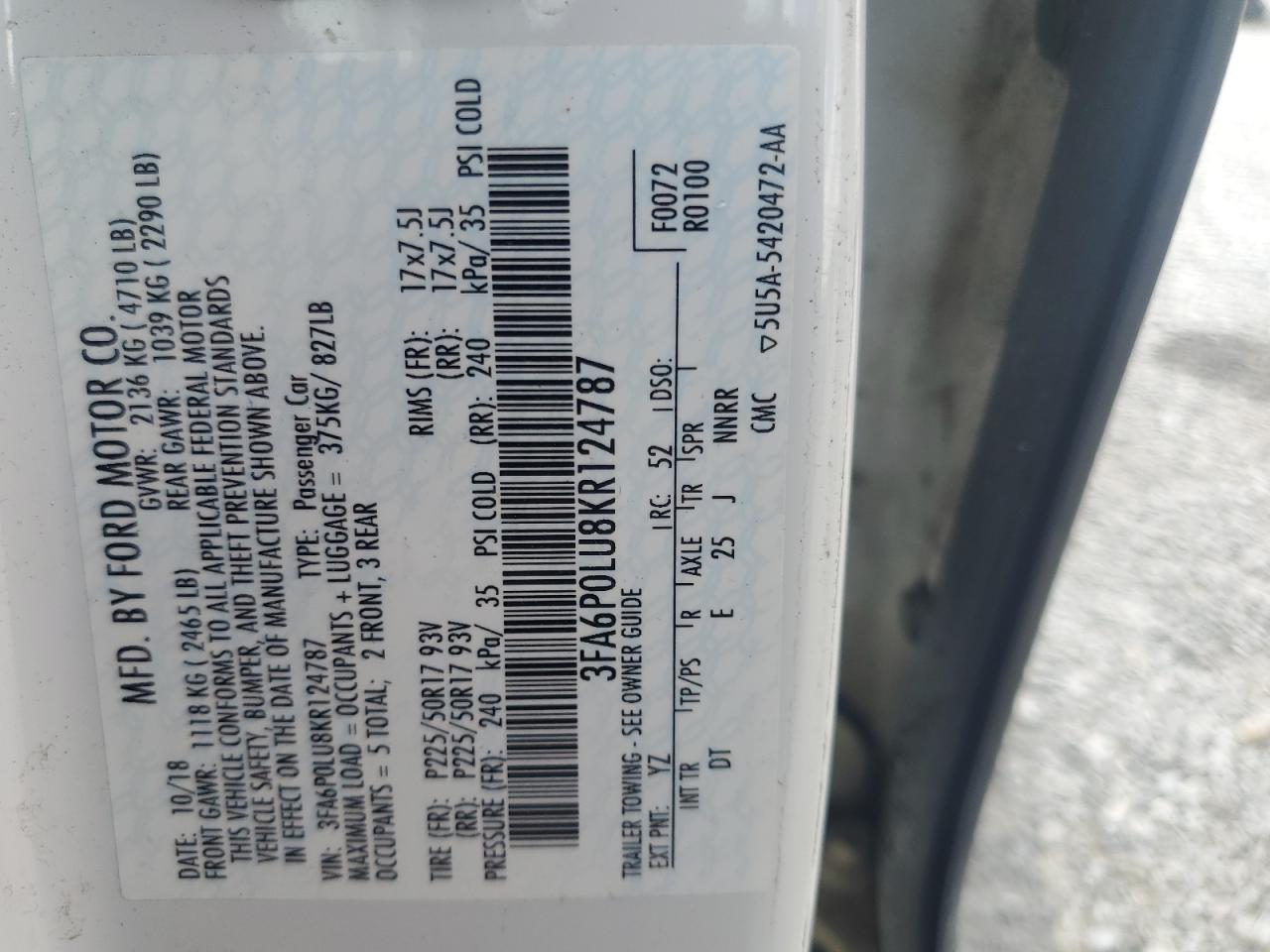 2019 Ford Fusion Se VIN: 3FA6P0LU8KR124787 Lot: 54028505