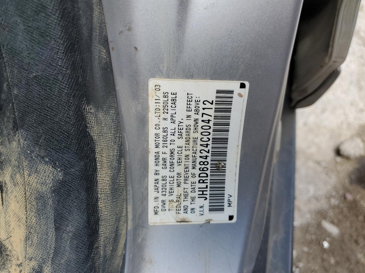 2004 Honda Cr-V Lx VIN: JHLRD68424C004712 Lot: 53665615