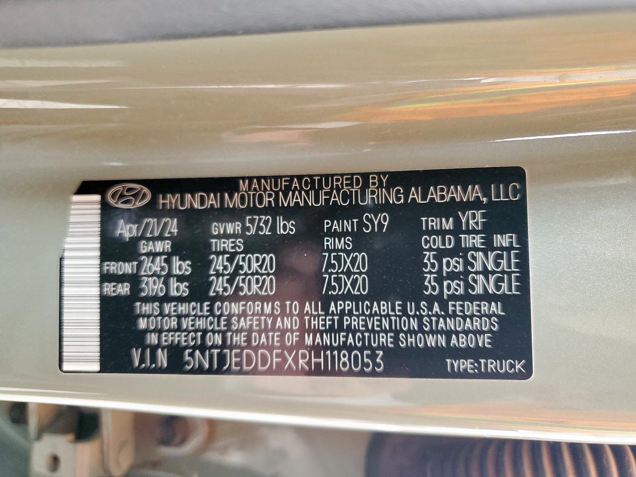 2024 Hyundai Santa Cruz Limited VIN: 5NTJEDDFXRH118053 Lot: 59145235