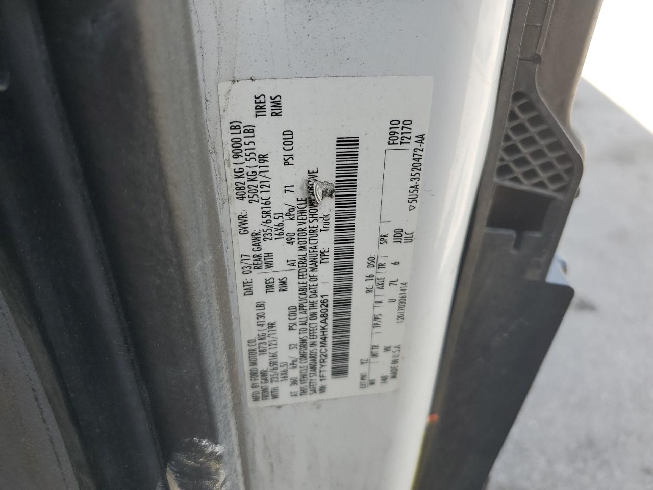 2017 Ford Transit T-250 VIN: 1FTYR2CM4HKA80261 Lot: 54125495