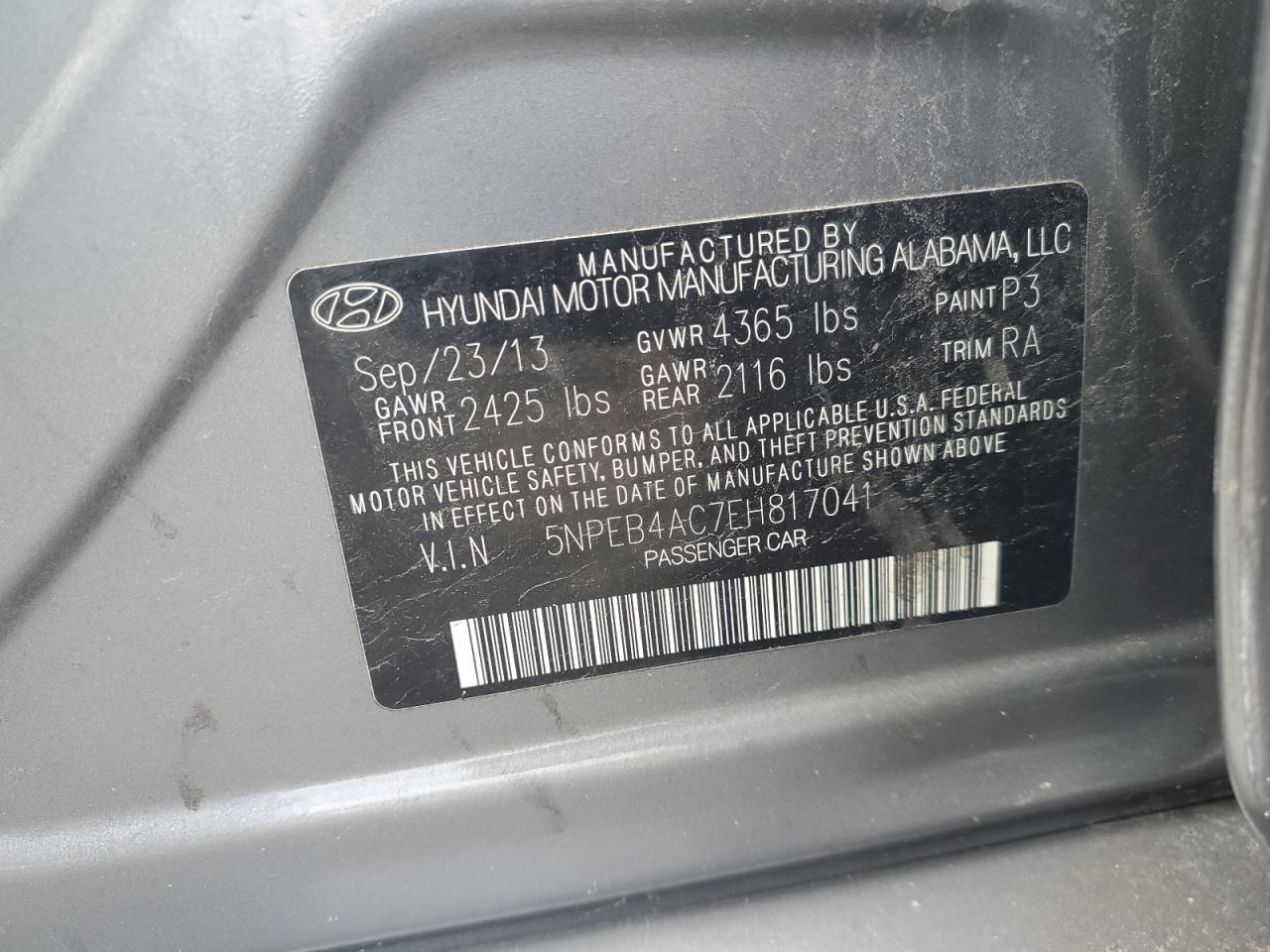 2014 Hyundai Sonata Gls VIN: 5NPEB4AC7EH817041 Lot: 58843595