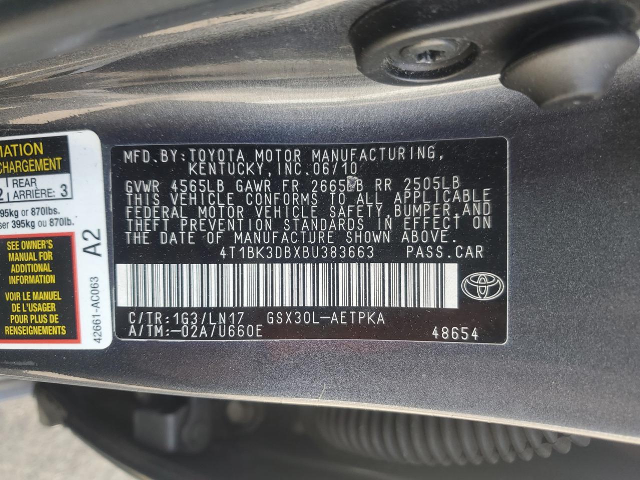2011 Toyota Avalon Base VIN: 4T1BK3DBXBU383663 Lot: 55348285