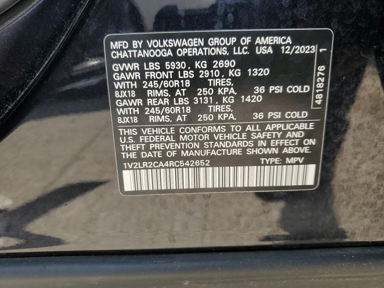 2024 Volkswagen Atlas Se VIN: 1V2LR2CA4RC542652 Lot: 59032535