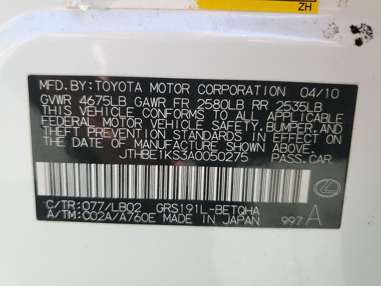 2010 Lexus Gs 350 VIN: JTHBE1KS3A0050275 Lot: 56506995
