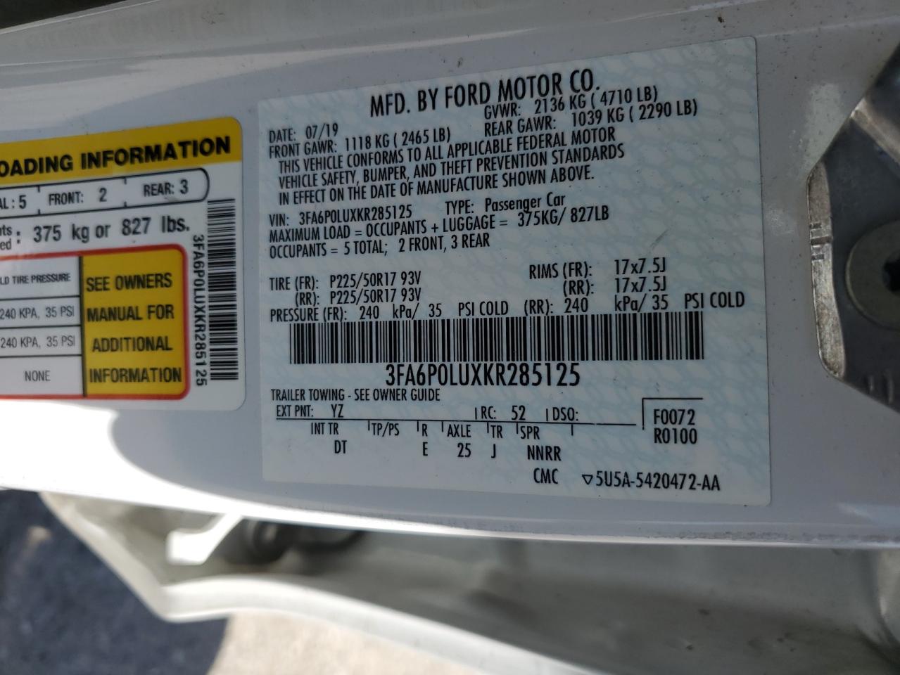 2019 Ford Fusion Se VIN: 3FA6P0LUXKR285125 Lot: 54032685