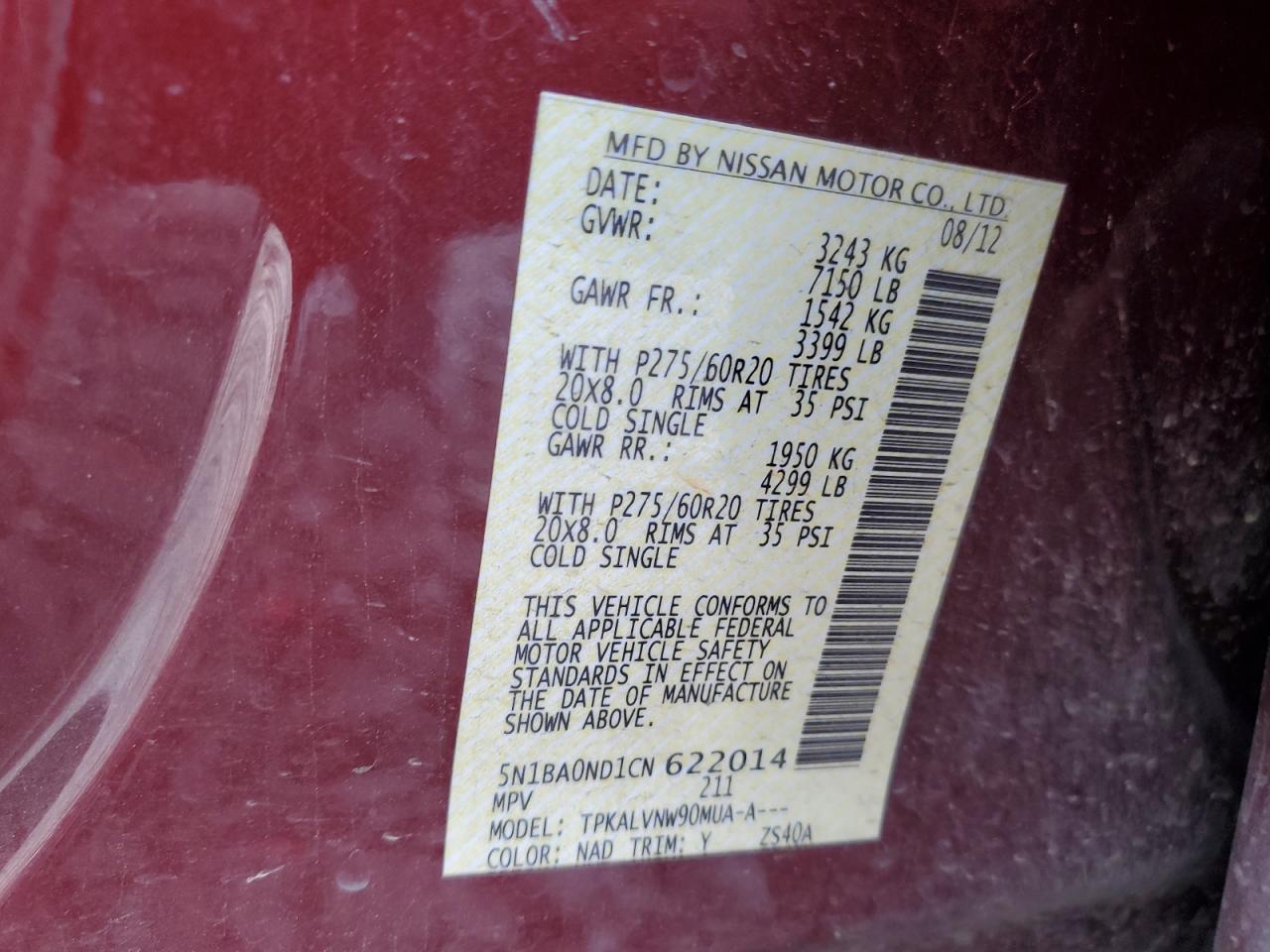 2012 Nissan Armada Sv VIN: 5N1BA0ND1CN622014 Lot: 55654125