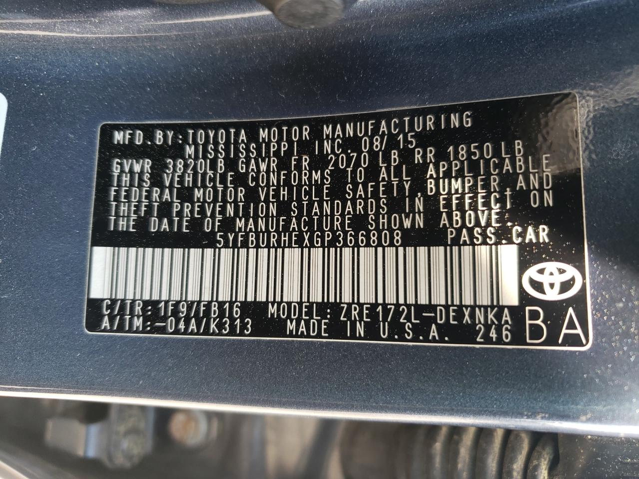 2016 Toyota Corolla L VIN: 5YFBURHEXGP366808 Lot: 55815535
