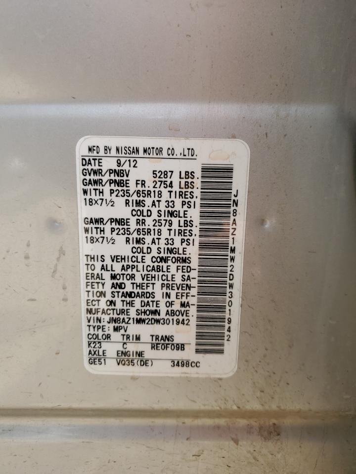 2013 Nissan Murano S VIN: JN8AZ1MW2DW301942 Lot: 58428955