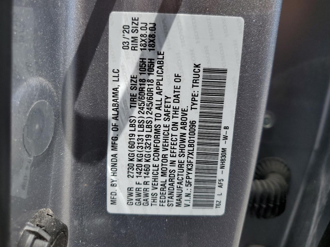 2020 Honda Ridgeline Rtl VIN: 5FPYK3F7XLB010096 Lot: 57804105