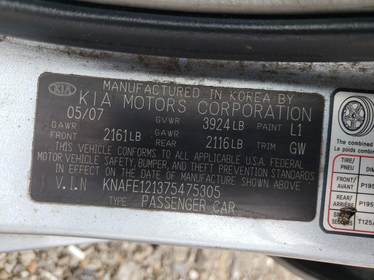 2007 Kia Spectra Ex VIN: KNAFE121375475305 Lot: 56021365