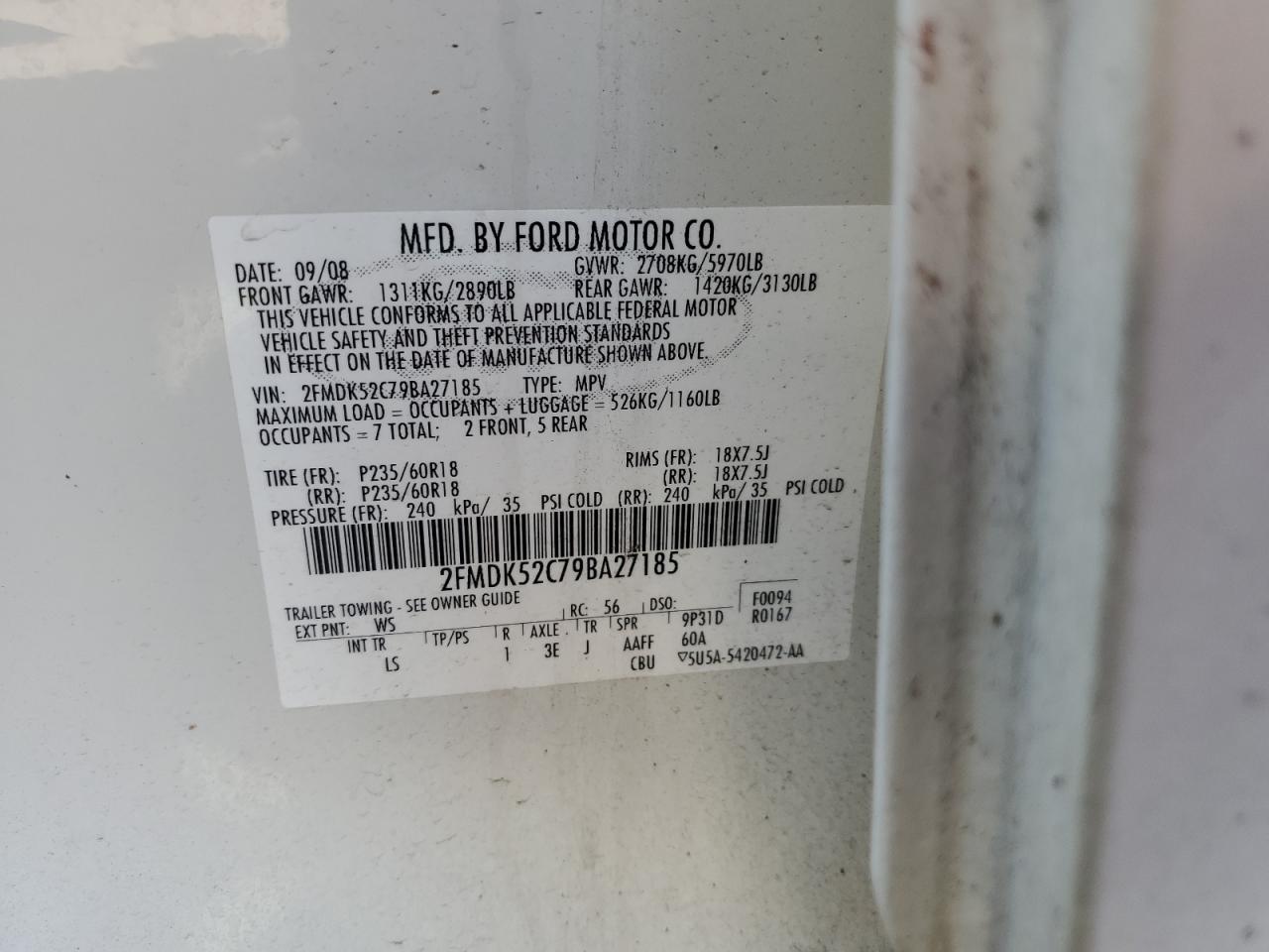 2009 Ford Flex Sel VIN: 2FMDK52C79BA27185 Lot: 55507575