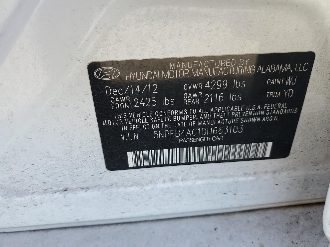 2013 Hyundai Sonata Gls VIN: 5NPEB4AC1DH663103 Lot: 56515085