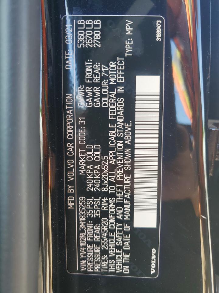 2021 Volvo Xc60 T5 Inscription VIN: YV4102RL3M1835259 Lot: 53636975