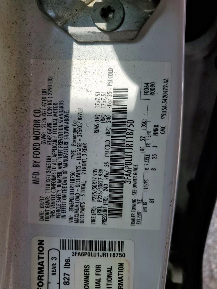 2018 Ford Fusion Se Hybrid VIN: 3FA6P0LU1JR118750 Lot: 54034985