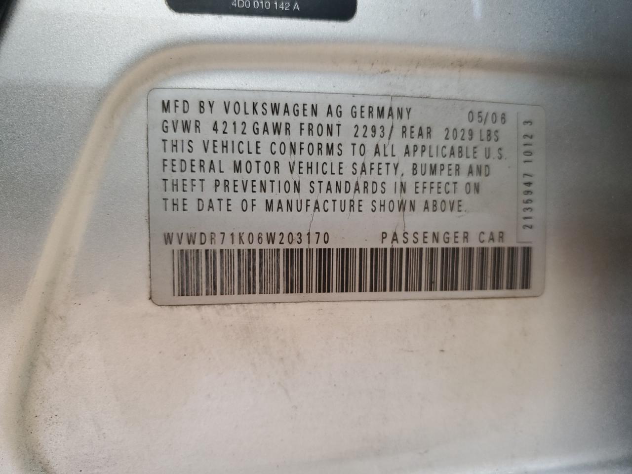2006 Volkswagen Rabbit VIN: WVWDR71K06W203170 Lot: 55741895