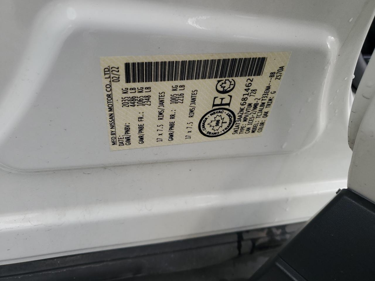 2022 Nissan Rogue S VIN: 5N1AT3AA2NC681462 Lot: 55870935