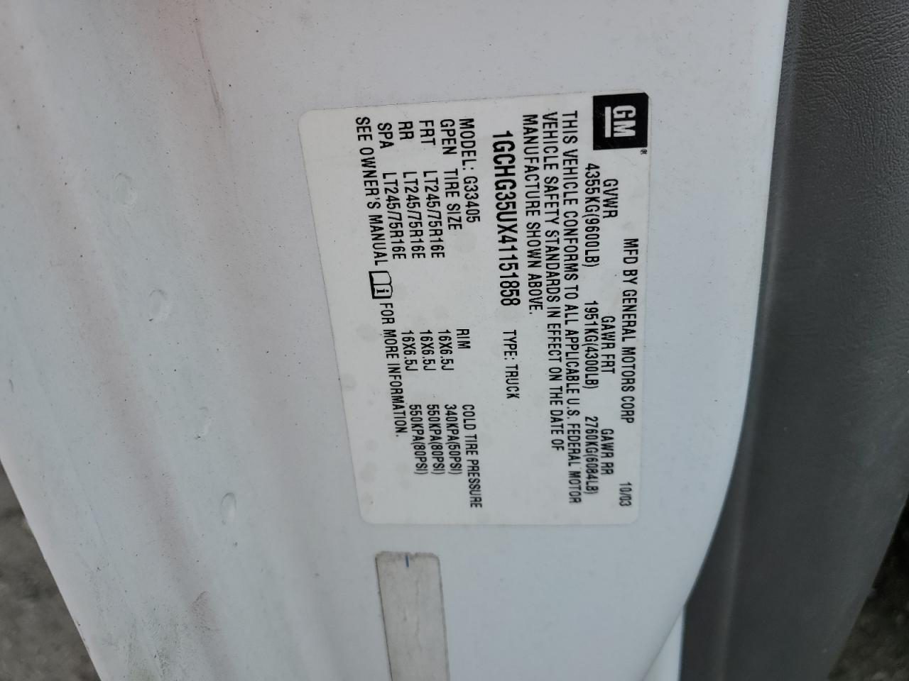 2004 Chevrolet Express G3500 VIN: 1GCHG35UX4115858 Lot: 57835565