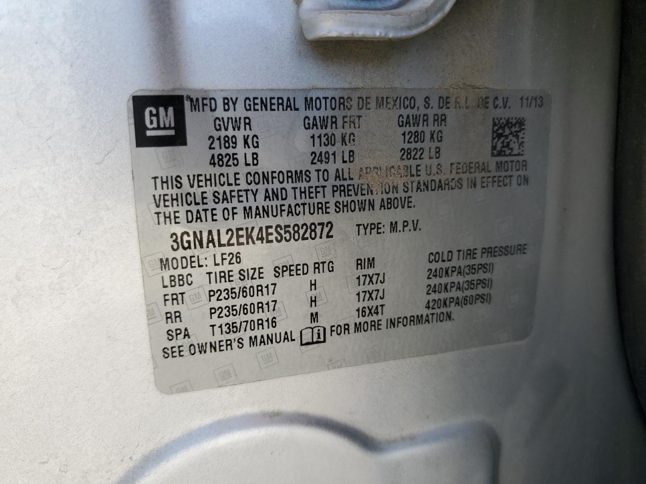 2014 Chevrolet Captiva Ls VIN: 3GNAL2EK4ES582872 Lot: 59100875