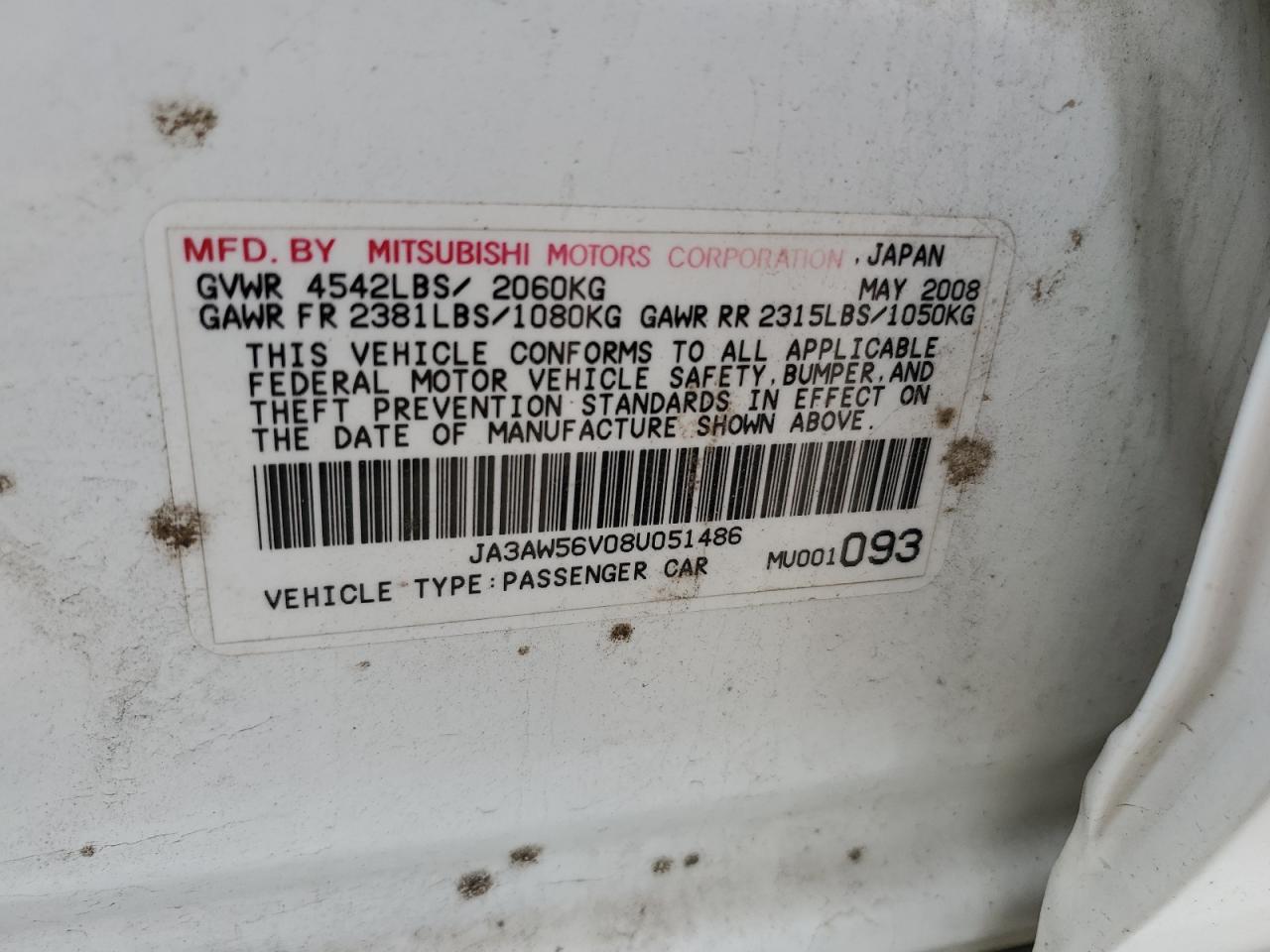 2008 Mitsubishi Lancer Evolution Mr VIN: JA3AW56V08U051486 Lot: 55641325