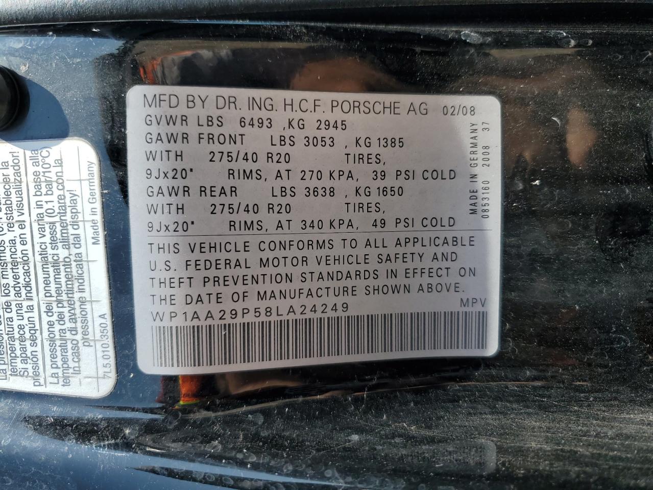 2008 Porsche Cayenne VIN: WP1AA29P58LA24249 Lot: 55963865