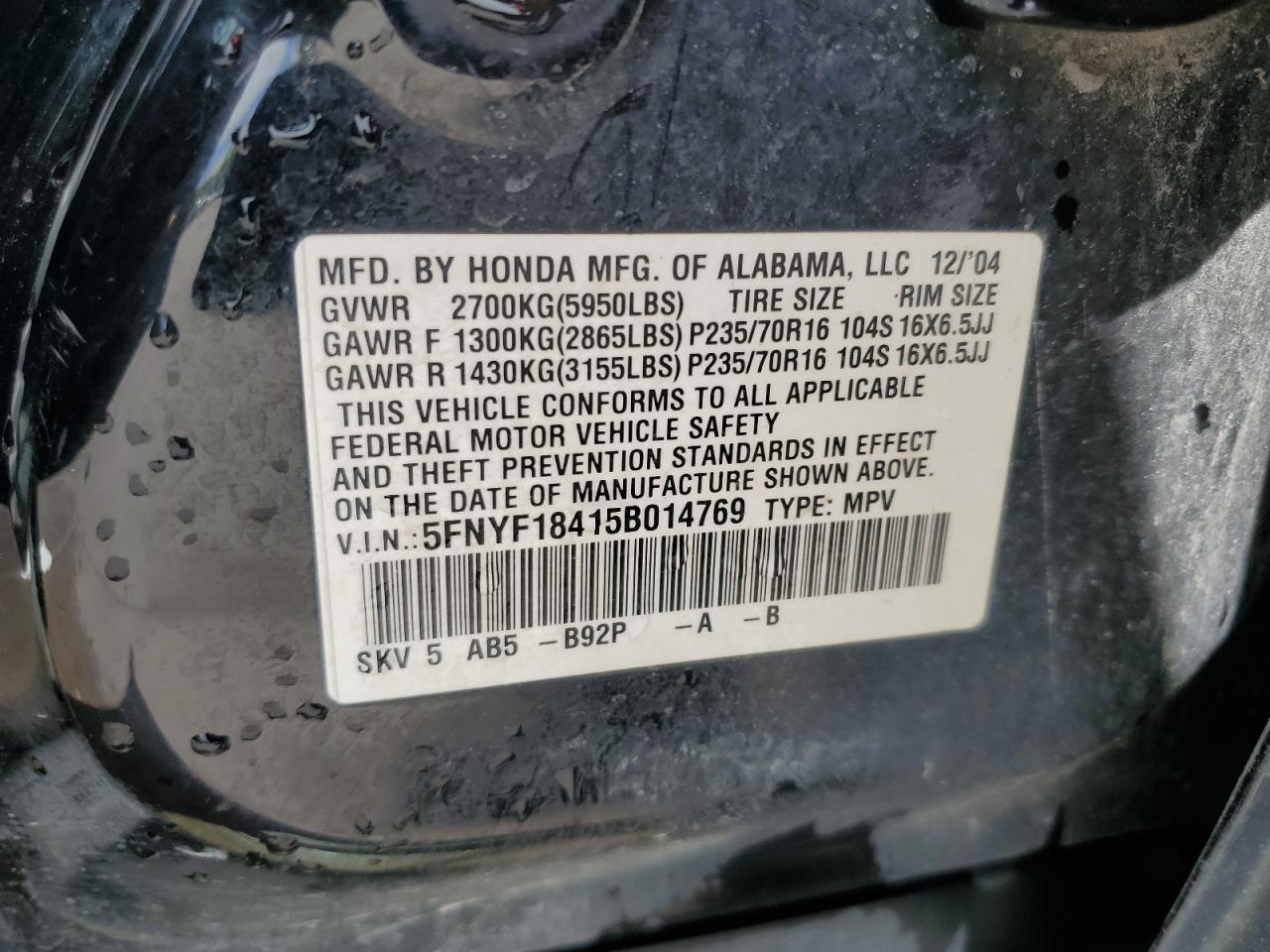 2005 Honda Pilot Ex VIN: 5FNYF18415B014769 Lot: 56502525