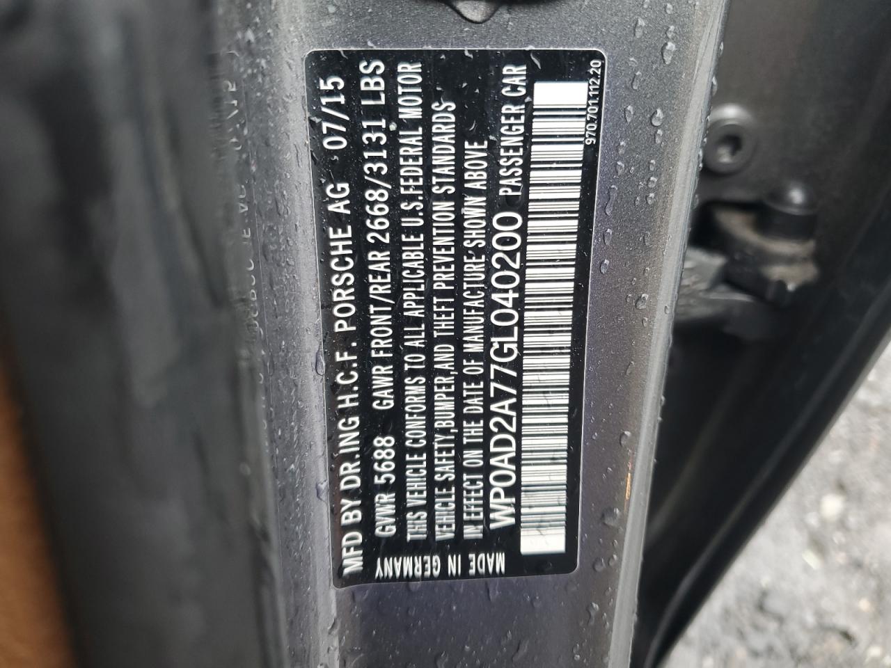 2016 Porsche Panamera Se Hybrid VIN: WP0AD2A77GL040200 Lot: 56223035