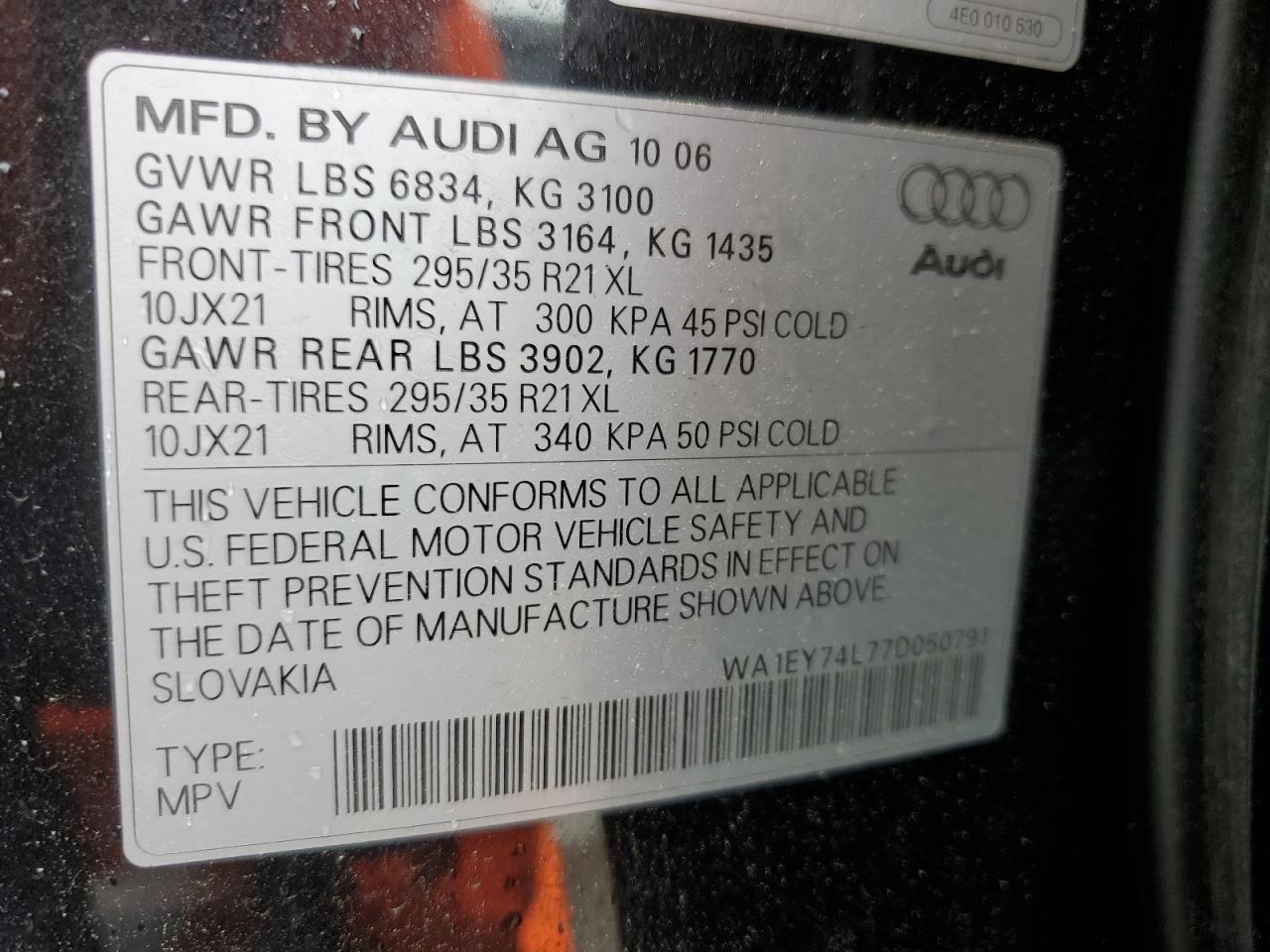 2007 Audi Q7 3.6 Quattro Premium S-Line VIN: WA1EY74L77D050791 Lot: 56683765