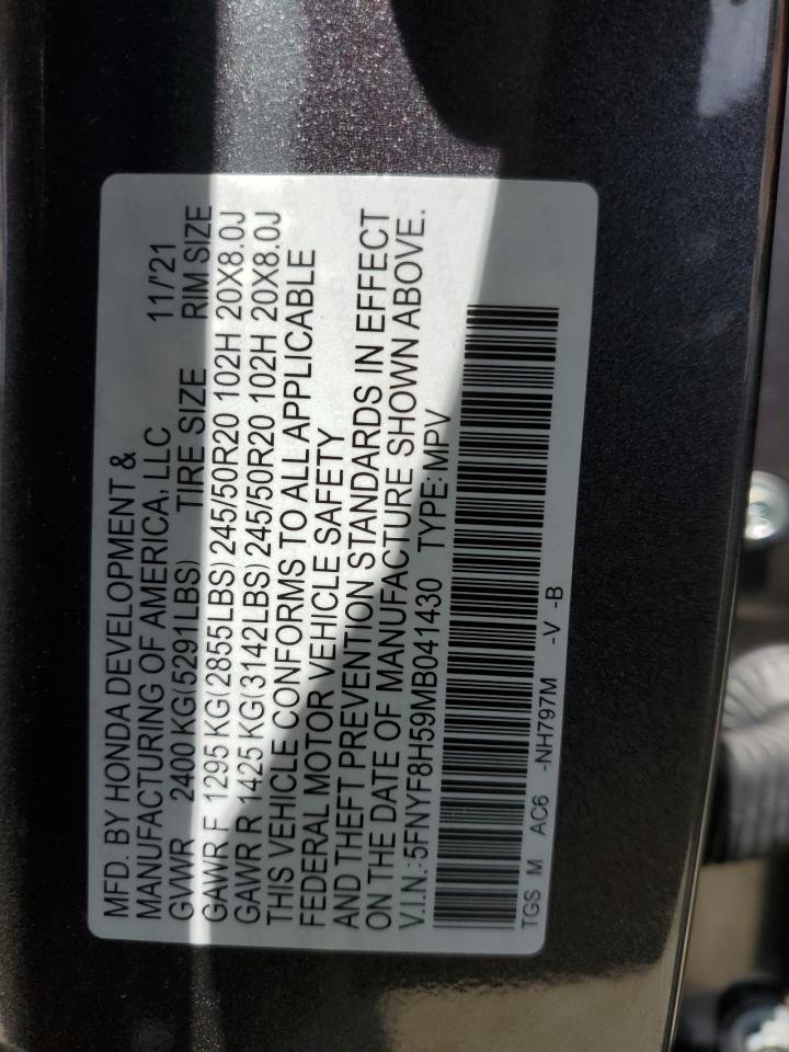 2021 Honda Passport Exl VIN: 5FNYF8H59MB041430 Lot: 56387105