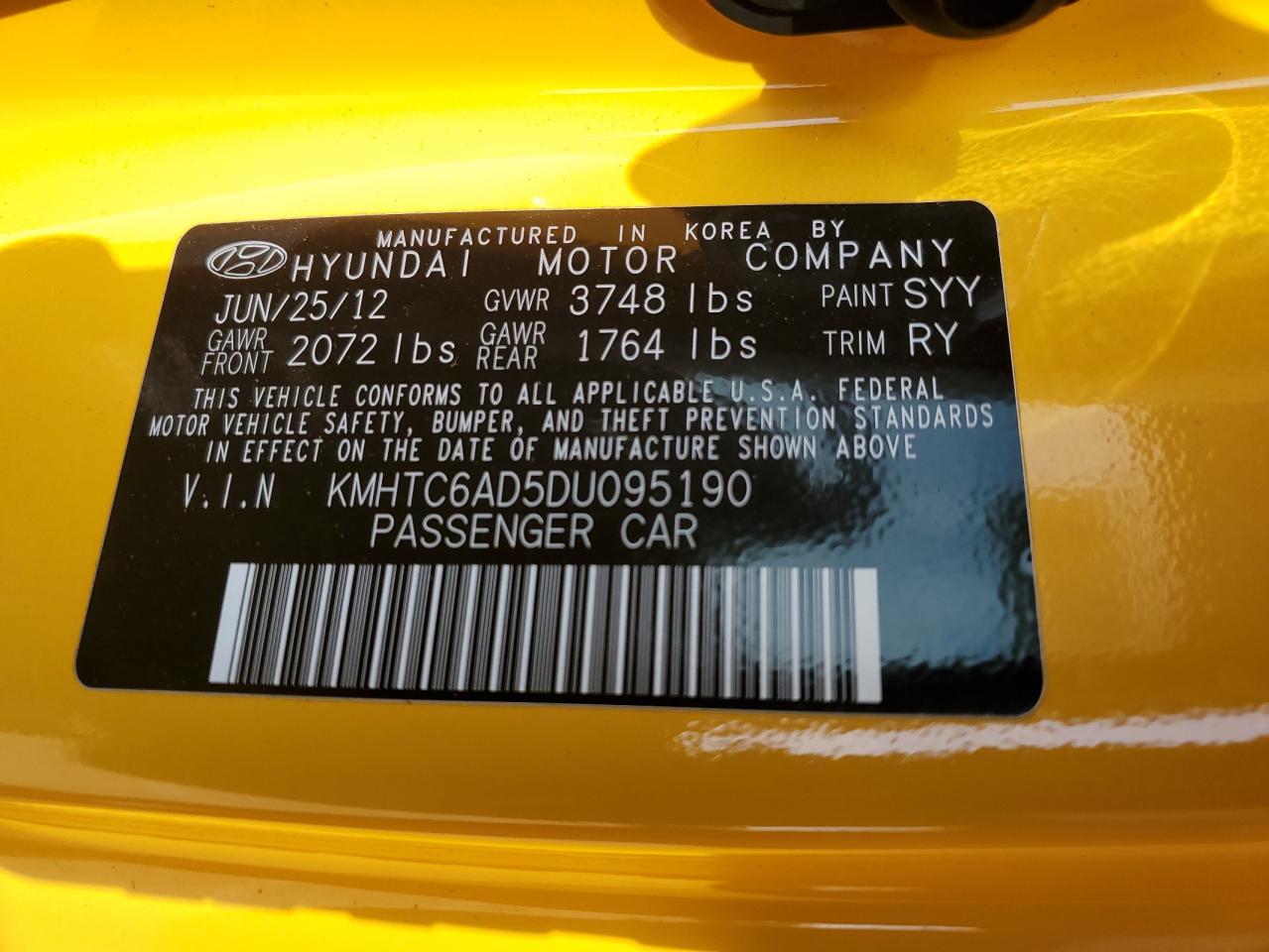 2013 Hyundai Veloster VIN: KMHTC6AD5DU095190 Lot: 56733565
