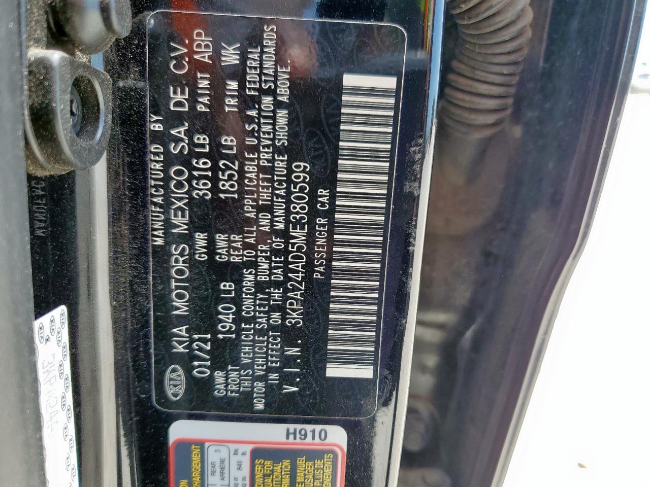 2021 Kia Rio Lx VIN: 3KPA24AD5ME380599 Lot: 55897905