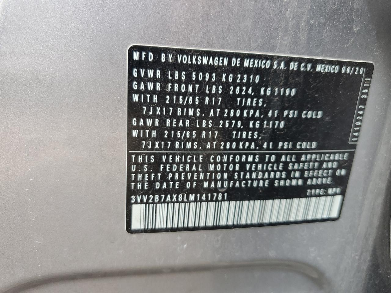 2020 Volkswagen Tiguan Se VIN: 3VV2B7AX8LM141781 Lot: 57033615
