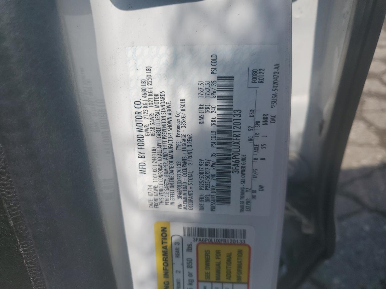 2015 Ford Fusion Se Hybrid VIN: 3FA6P0LUXFR120133 Lot: 55089355