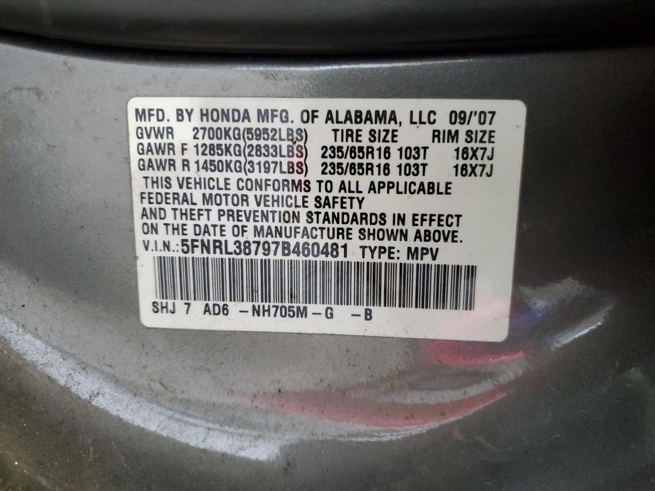 2007 Honda Odyssey Exl VIN: 5FNRL38797B460481 Lot: 55046625