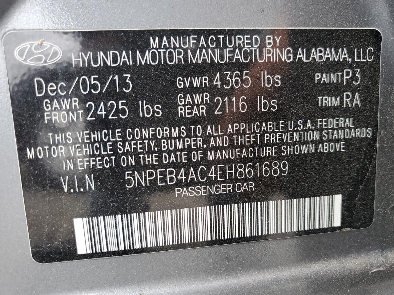 2014 Hyundai Sonata Gls VIN: 5NPEB4AC4EH861689 Lot: 57436835