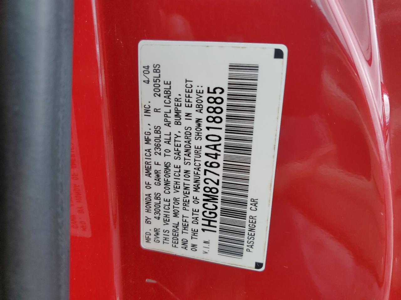 2004 Honda Accord Ex VIN: 1HGCM82764A018885 Lot: 55653935