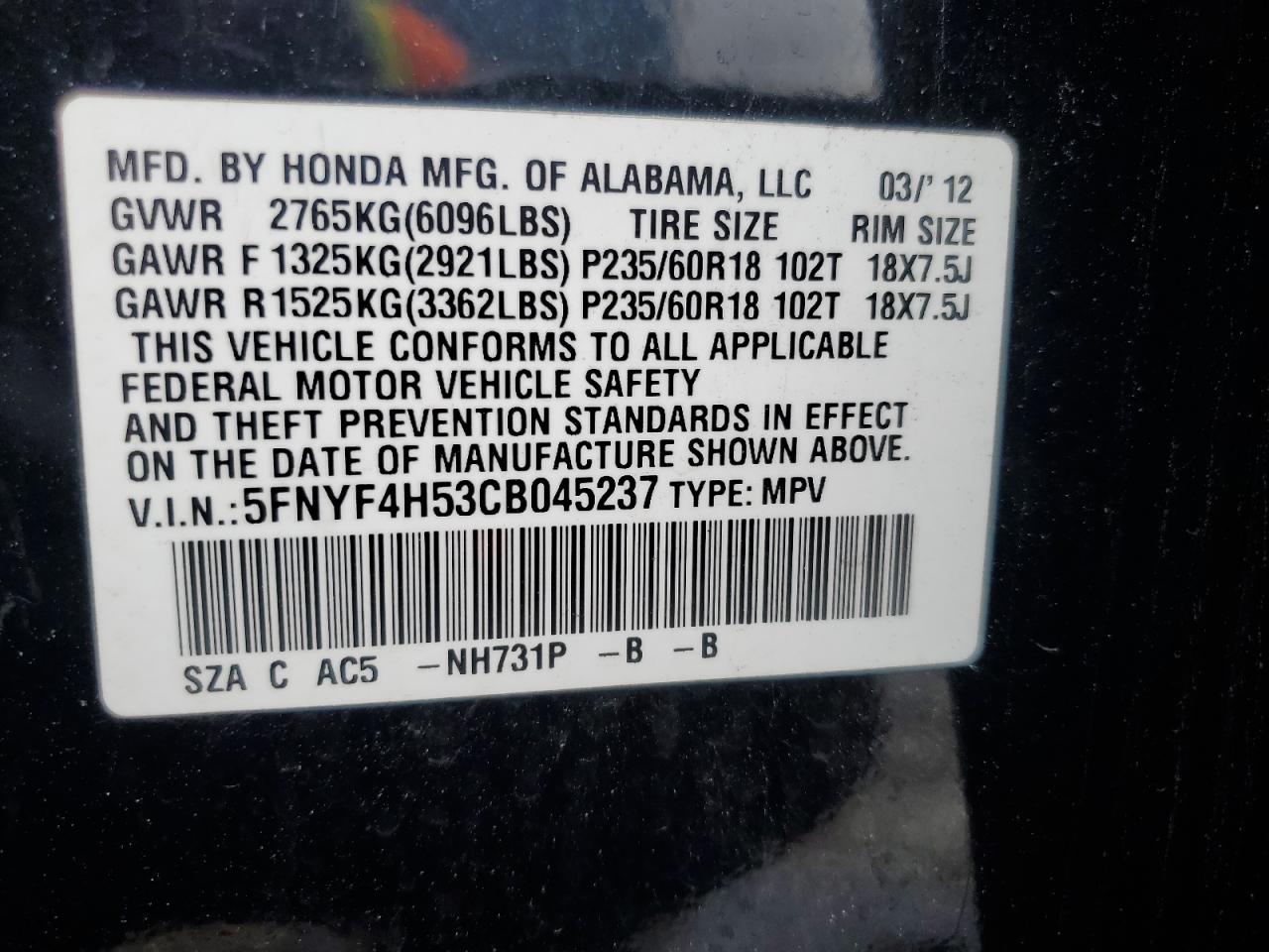 2012 Honda Pilot Exl VIN: 5FNYF4H53CB045237 Lot: 55559005