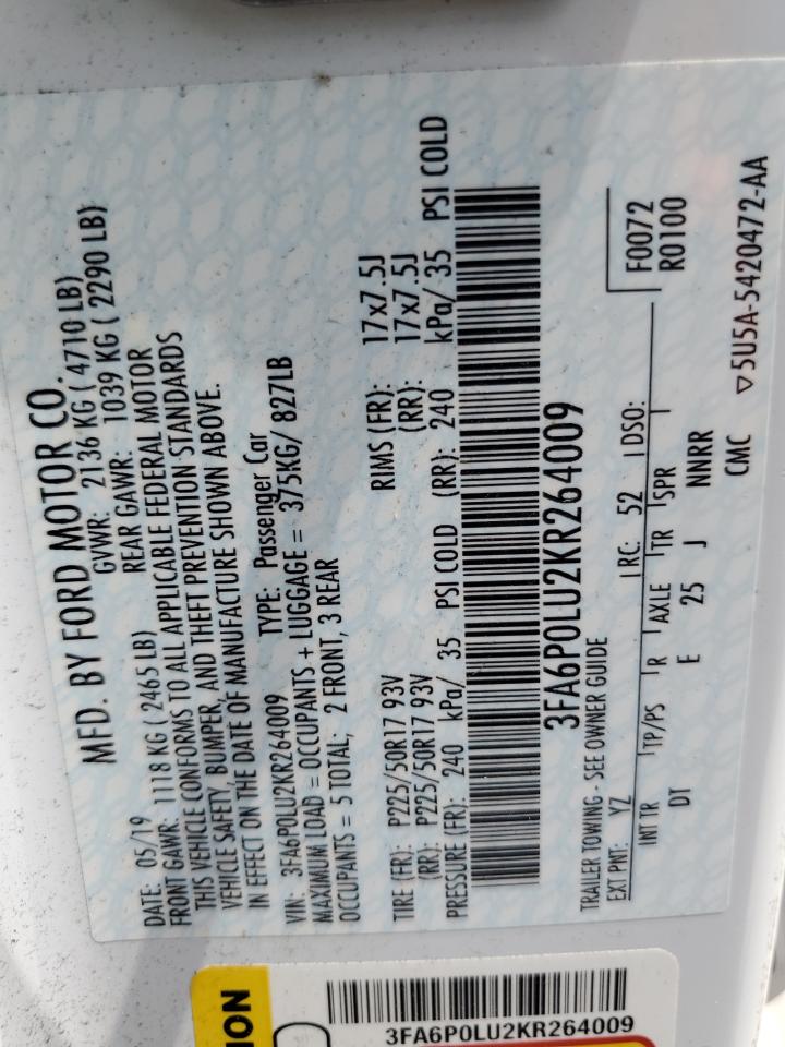 2019 Ford Fusion Se VIN: 3FA6P0LU2KR264009 Lot: 54043115