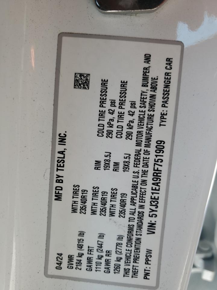 2024 Tesla Model 3 VIN: 5YJ3E1EA9RF751909 Lot: 56796555
