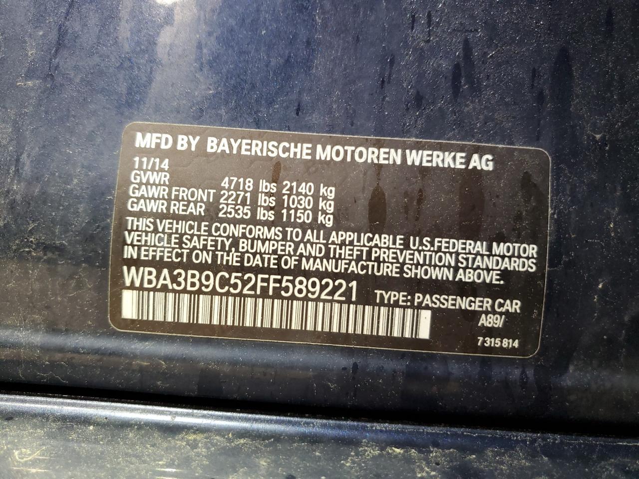 2015 BMW 335 Xi VIN: WBA3B9C52FF589221 Lot: 58531965