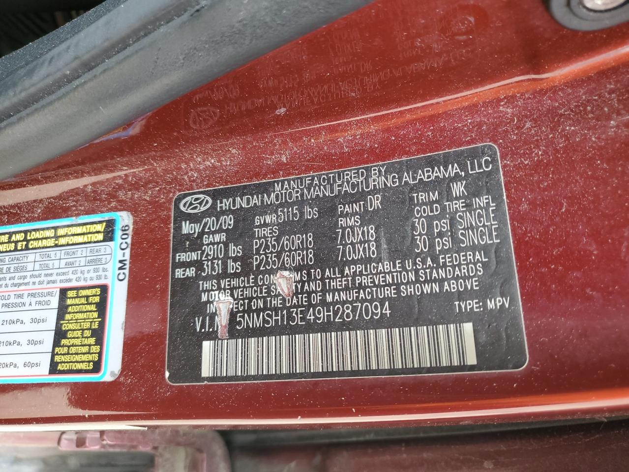 2009 Hyundai Santa Fe Se VIN: 5NMSH13E49H287094 Lot: 57082395