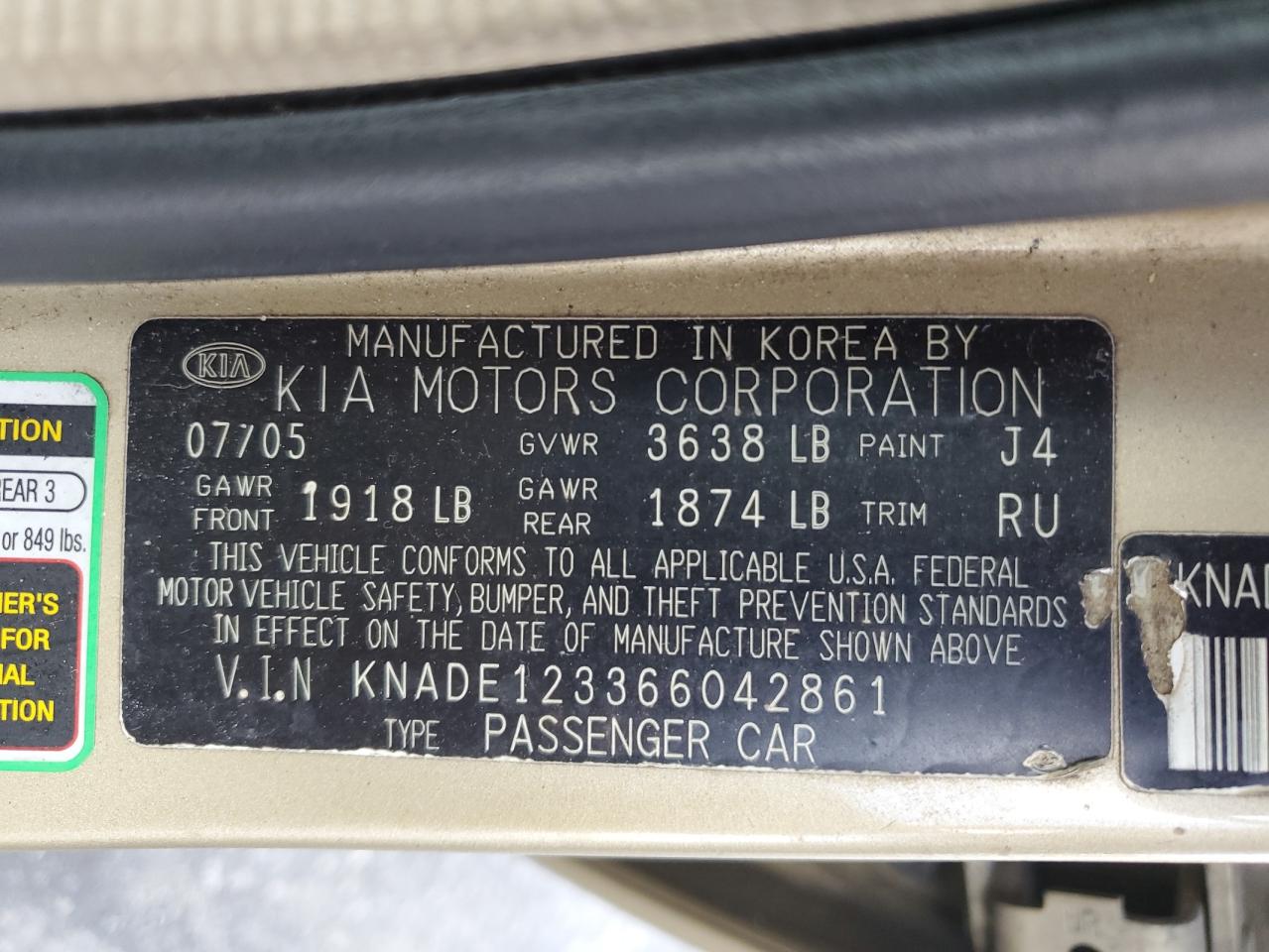 2006 Kia Rio VIN: KNADE123366042861 Lot: 58098005
