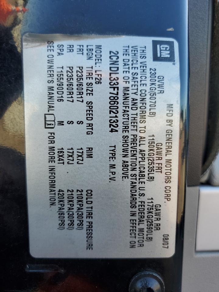 2008 Chevrolet Equinox Lt VIN: 2CNDL33F786021324 Lot: 55903225