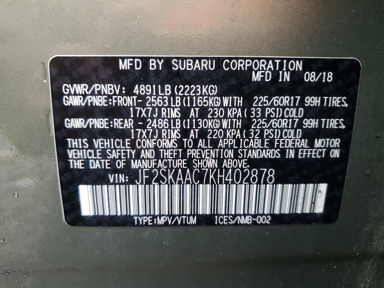 2019 Subaru Forester VIN: JF2SKAAC7KH402878 Lot: 56139275