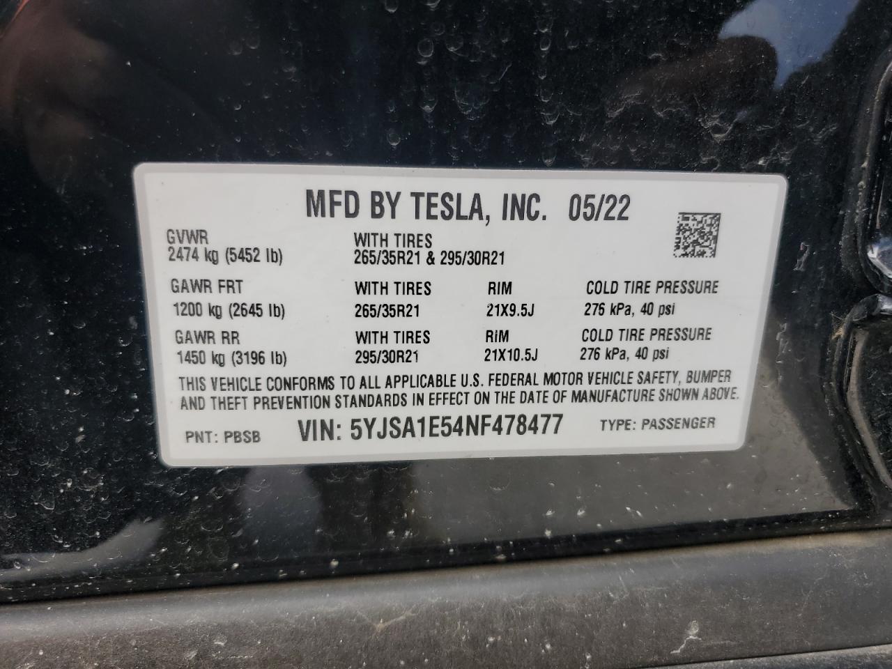 2022 Tesla Model S VIN: 5YJSA1E54NF478477 Lot: 58242675