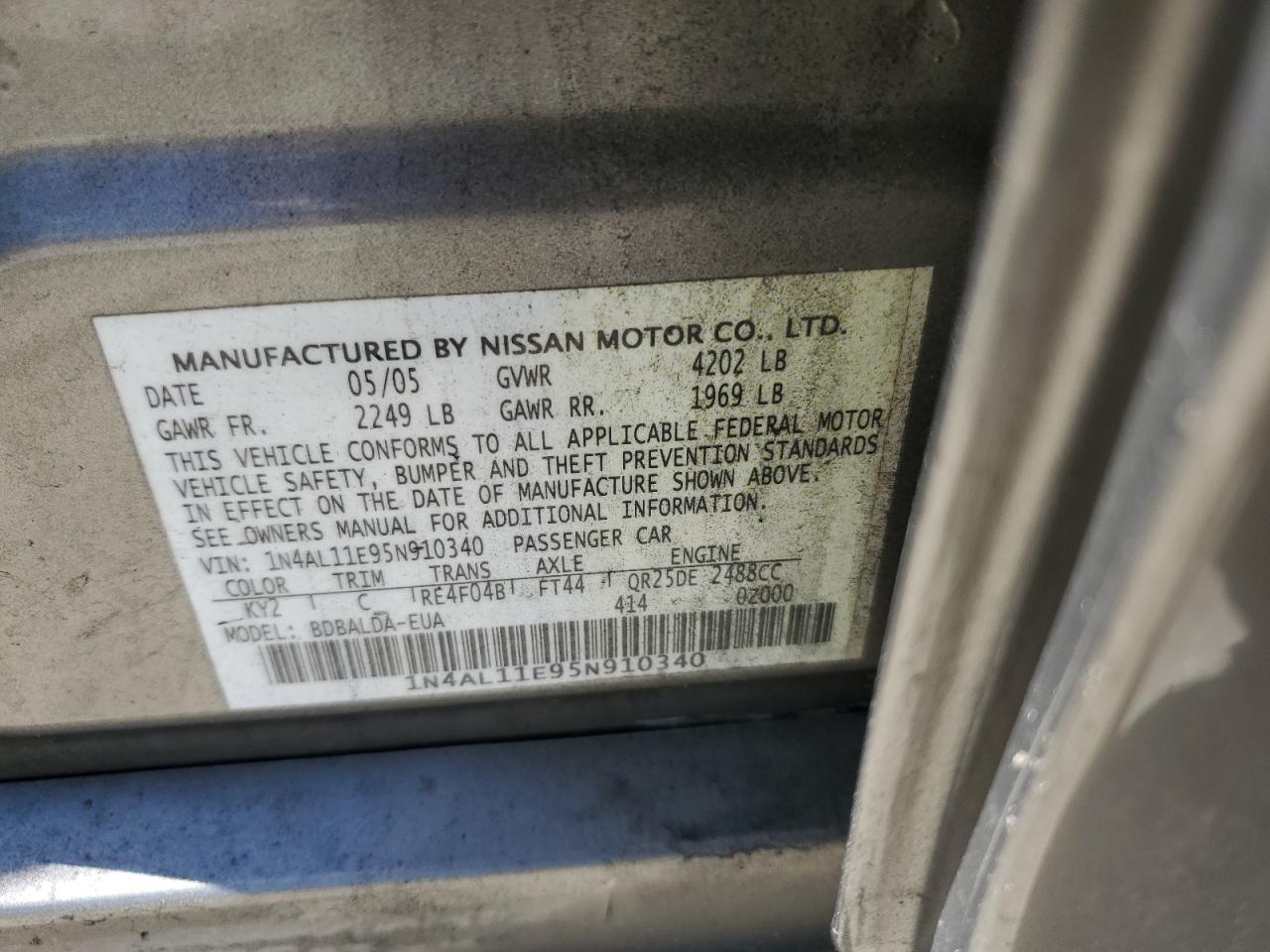 2005 Nissan Altima S VIN: 1N4AL11E95N910340 Lot: 55990745