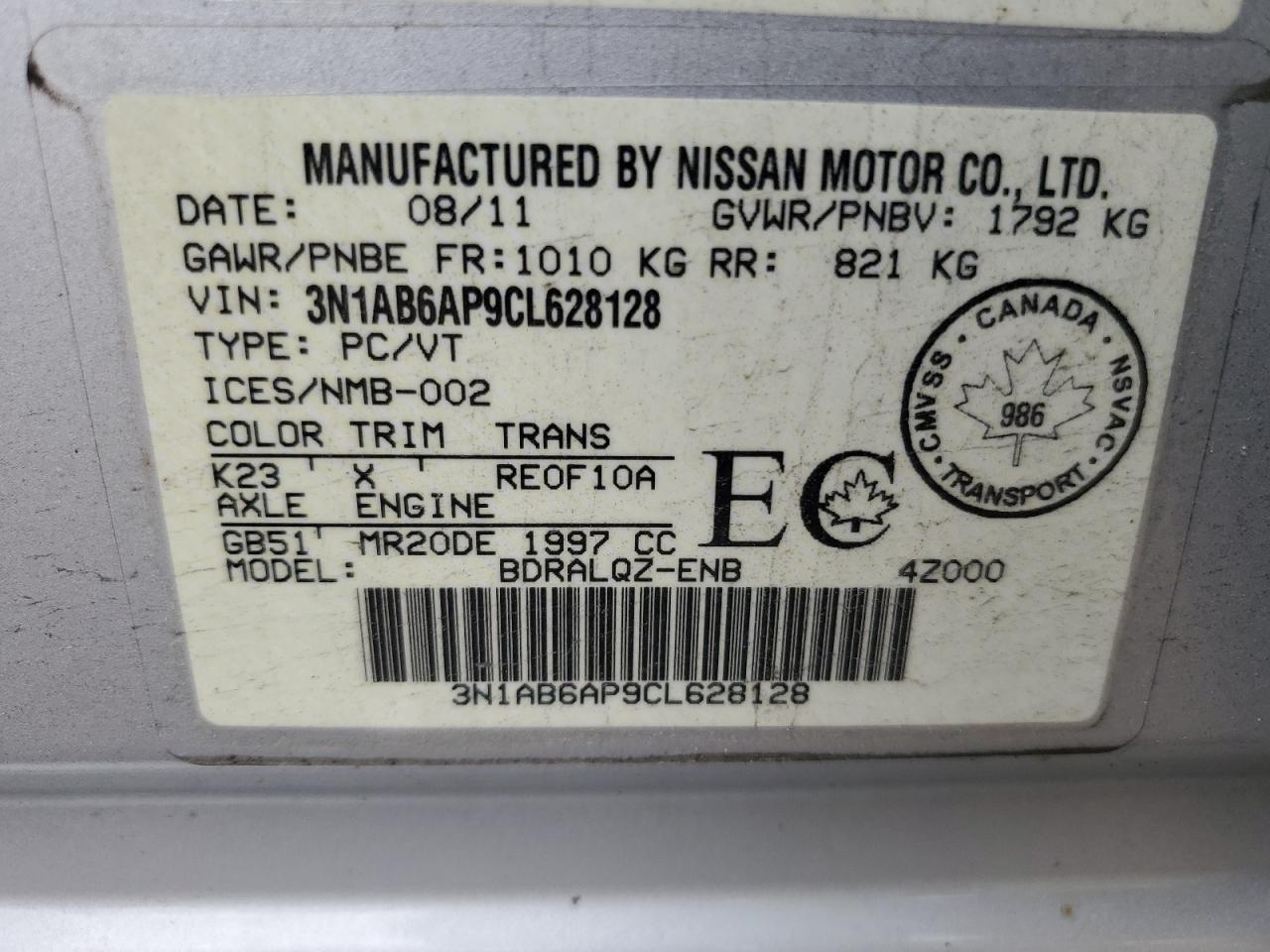 2012 Nissan Sentra 2.0 VIN: 3N1AB6AP9CL628128 Lot: 56981005