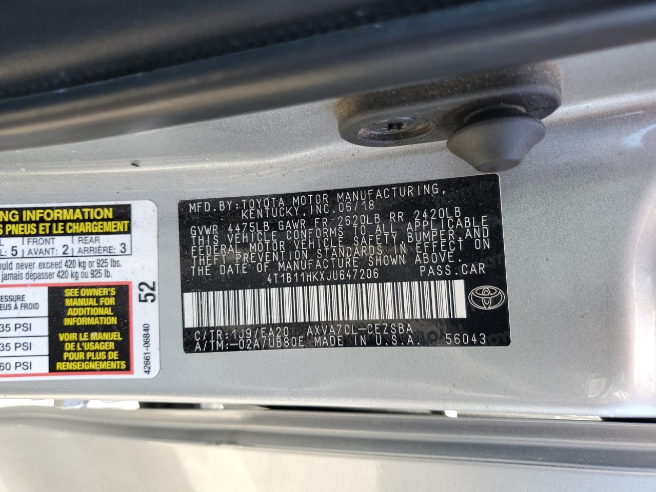 2018 Toyota Camry L VIN: 4T1B11HKXJU647206 Lot: 57107825