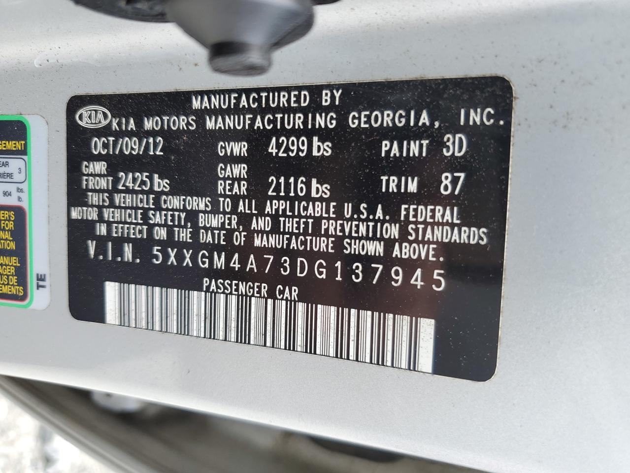 2013 Kia Optima Lx VIN: 5XXGM4A73DG137945 Lot: 56542985