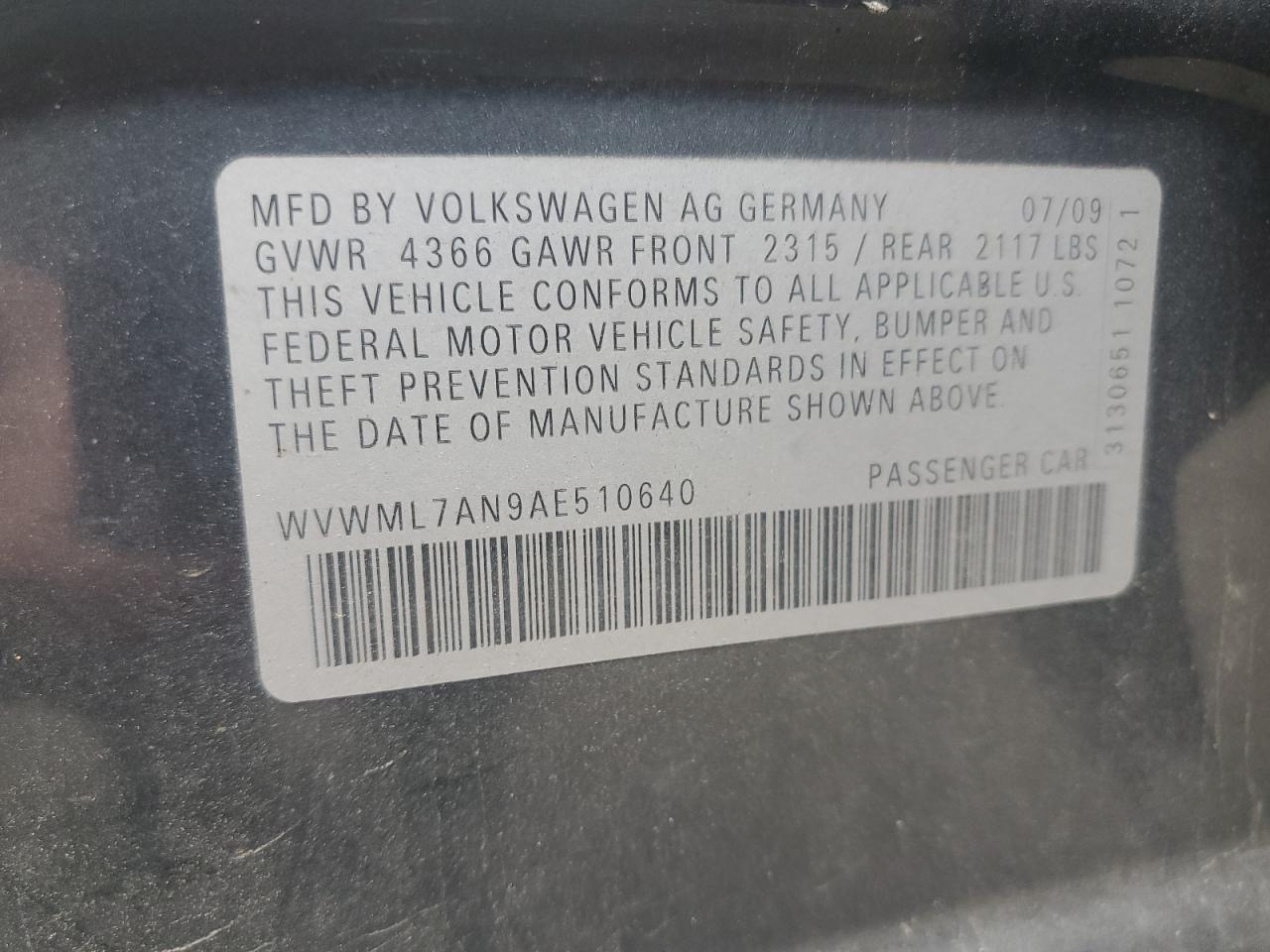 2010 Volkswagen Cc Sport VIN: WVWML7AN9AE510640 Lot: 56782525